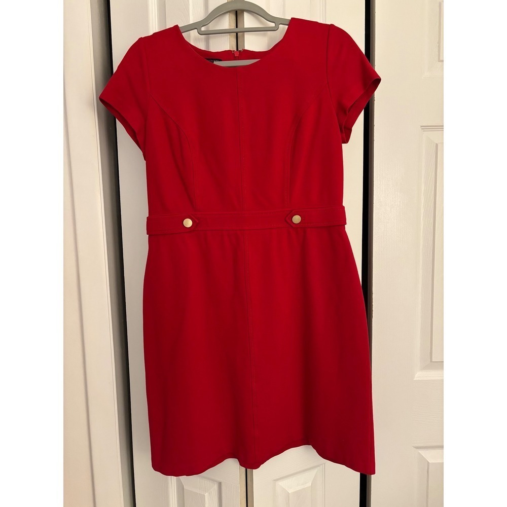 Talbots Red Ponte Sheath Dress Size 8P Classic Style, Gold Button waist accent - Picture 3 of 8